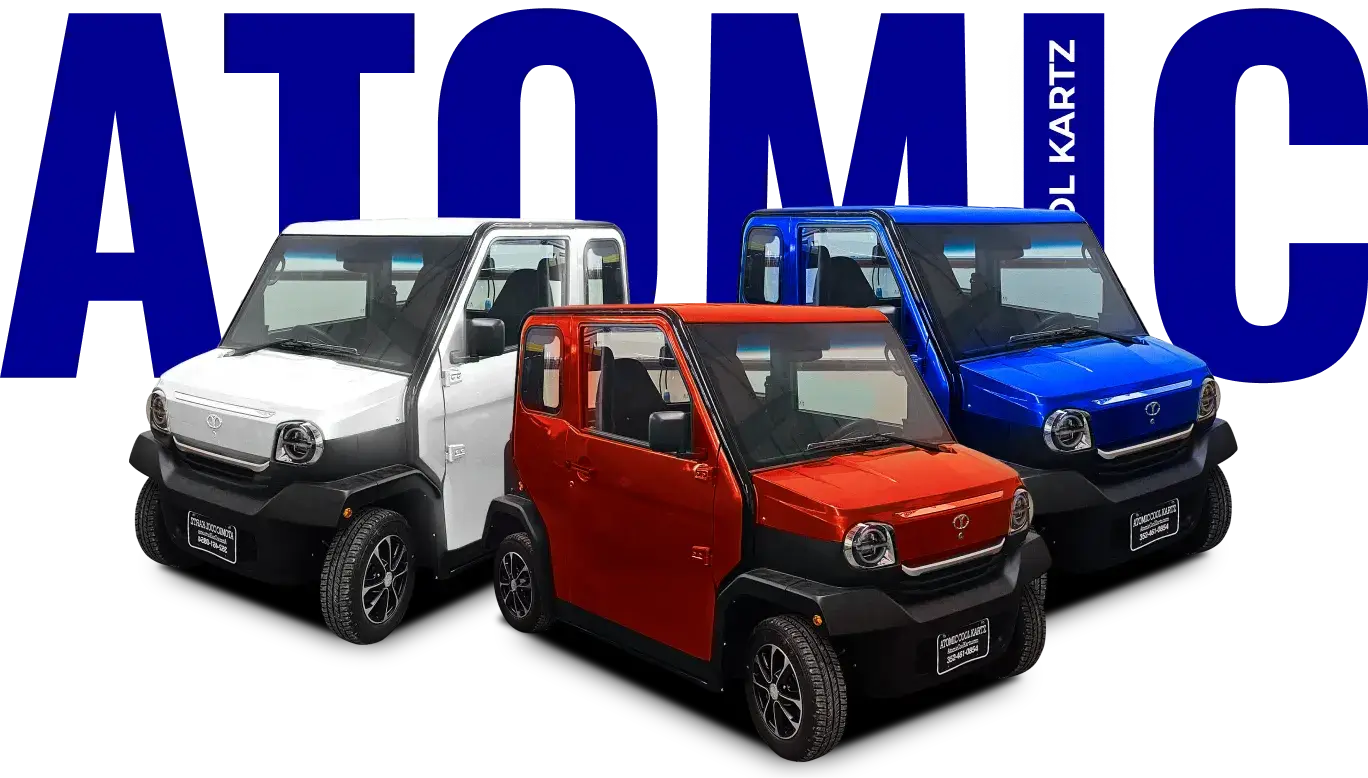 Atomic Cool Kartz fleet — Blue, Red, and White Coupe models