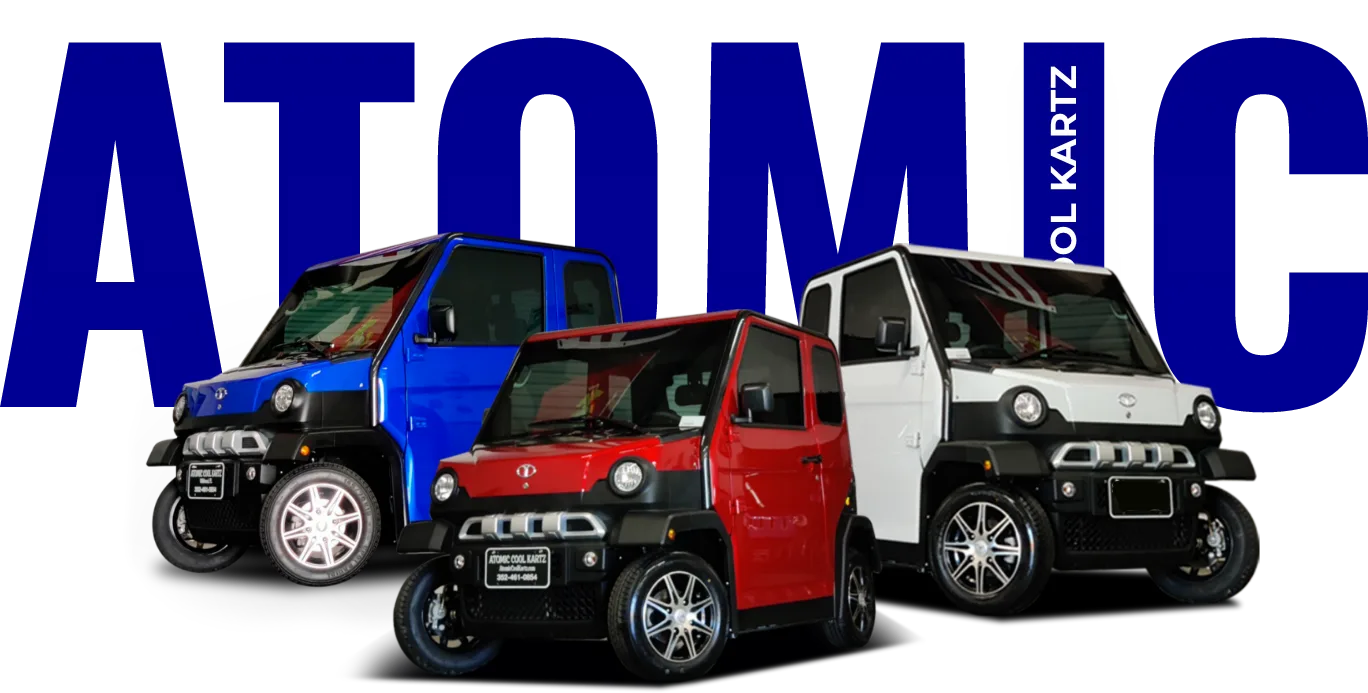 Atomic Cool Kartz fleet — Blue, Red, and White Coupe models
